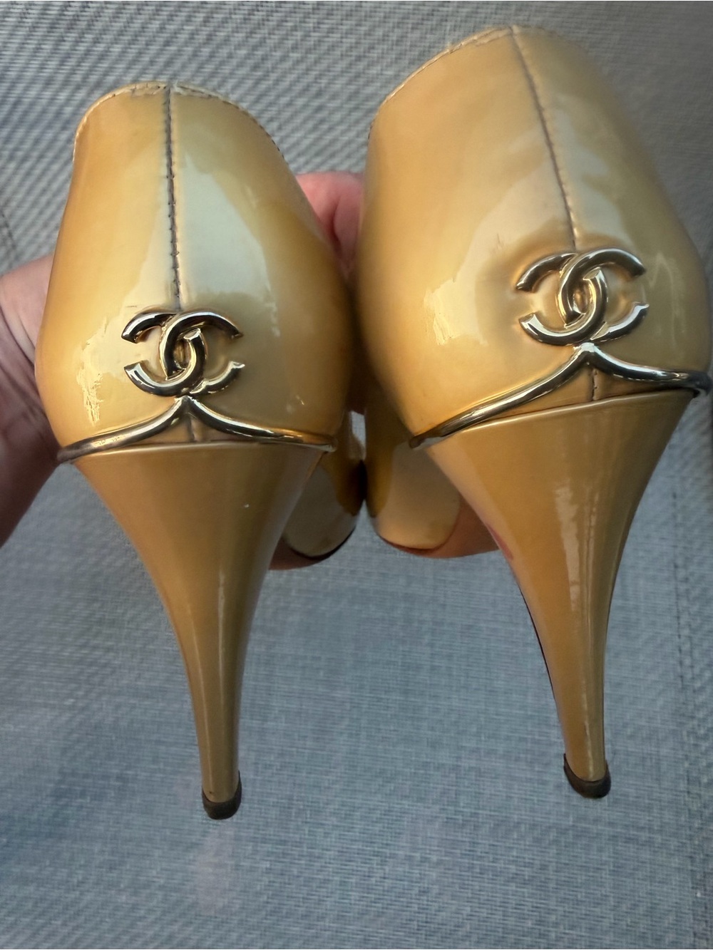 Name Your Price. CHANEL Gold Patent Leather Heels with CC Logo